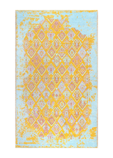 Turqoise, blue, yellow, pink, geometric patterned, machine washable rug