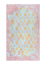 Turqoise, blue, yellow, pink, geometric patterned, machine washable rug