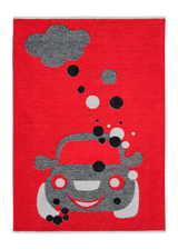 Red, gray, car patterned, machine washable rug for kids