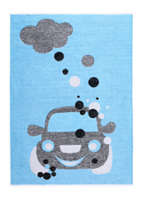 Blue, gray, car patterned, machine washable rug for kids