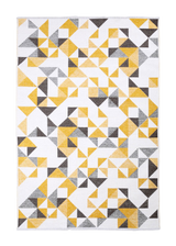 Yellow, gray, white, geometric patterned, machine washable rug