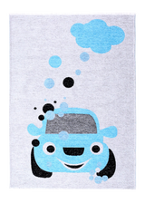 Blue, gray, car patterned, machine washable rug for kids