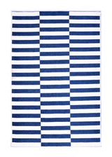 Navy blue, white, striped, machine washable rug