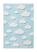 Blue, cloud patterned, machine washable rug for kids