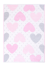 Pink, gray, white, heart patterned, machine washable rug for kids