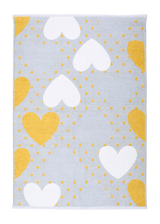 Yellow, gray, heart patterned, machine washable rug for kids