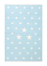 Blue, white, star patterned, machine washable rug for kids