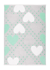 Green, gray, heart patterned, machine washable rug for kids