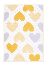 Yellow, gray, white, heart patterned, machine washable rug for kids