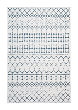 White, blue, patterned, machine washable rug