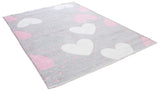 Pink, gray, heart patterned, machine washable rug for kids