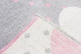 Pink, gray, heart patterned, machine washable rug for kids