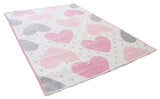 Pink, gray, white, heart patterned, machine washable rug for kids