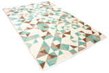 Brown, green, white, geometric patterned, machine washable rug