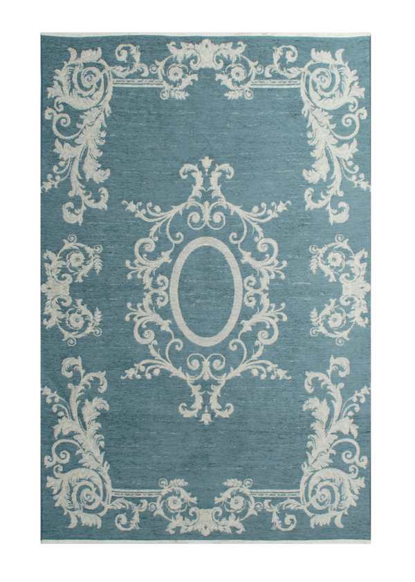 Blue, baroque style, floral patterned, medallion, machine washable rug