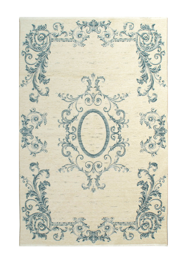 Ivory, blue, baroque style, floral patterned, medallion, machine washable rug
