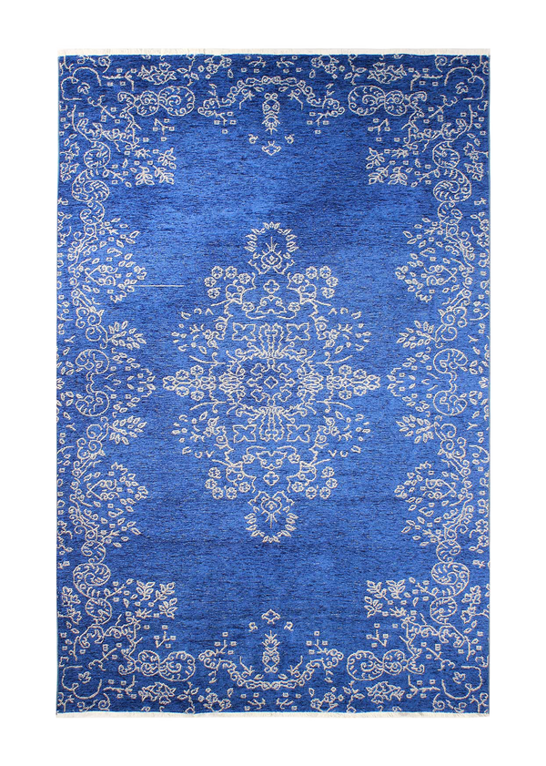 Blue, baroque style, floral patterned, medallion, machine washable rug 