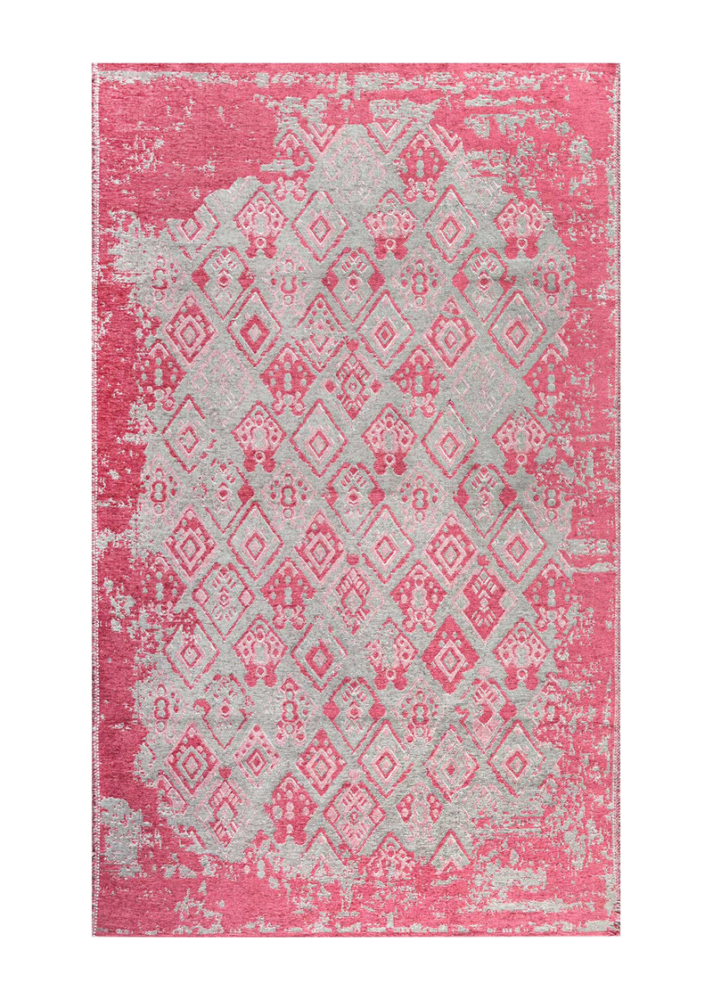 Pink, gray, geometric patterned, machine washable rug