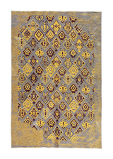 Yellow, gray, geometric patterned, machine washable rug