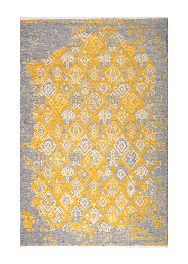 Yellow, gray, geometric patterned, machine washable rug