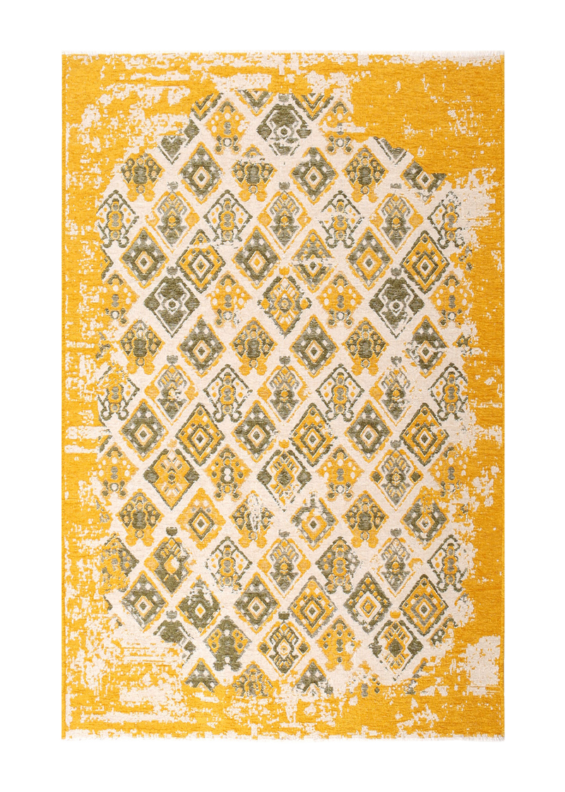 Yellow, green, geometric patterned, machine washable rug