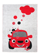 Red, gray, car patterned, machine washable rug for kids