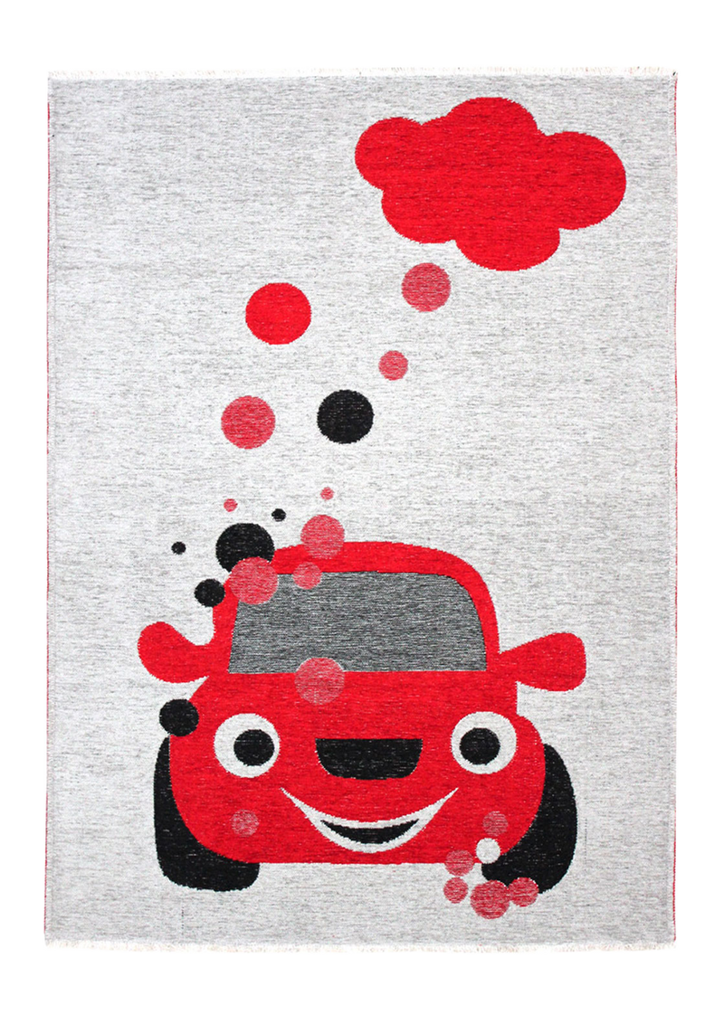Red, gray, car patterned, machine washable rug for kids
