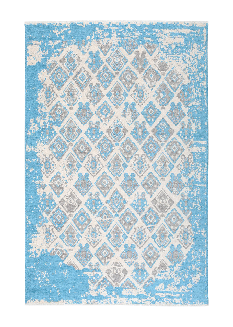 Blue, geometric patterned, machine washable, rug