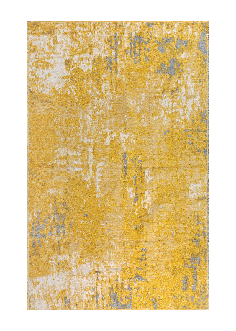 Yellow, gray, vintage and abstract design, machine washable rug