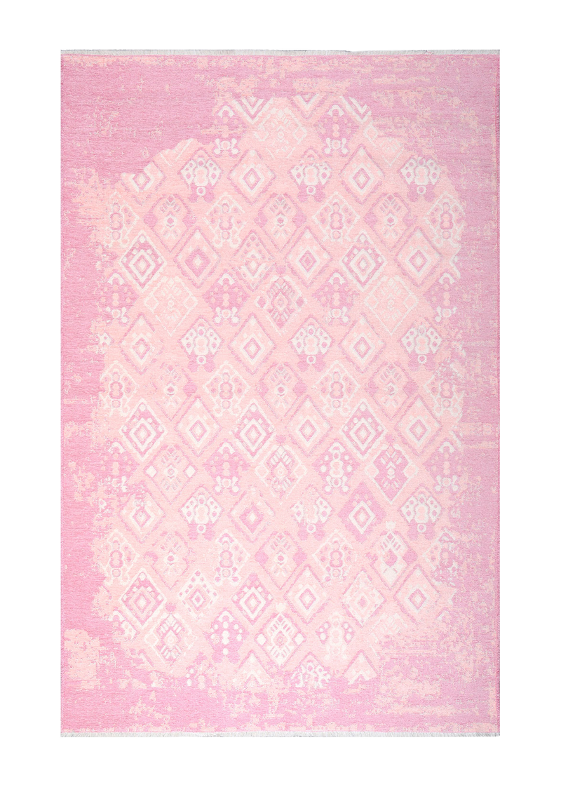 Pink, geometric patterned, machine washable rug