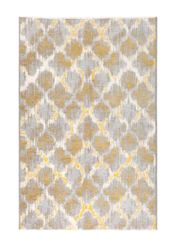 Yellow, gray, beige, geometric patterned, machine washable rug