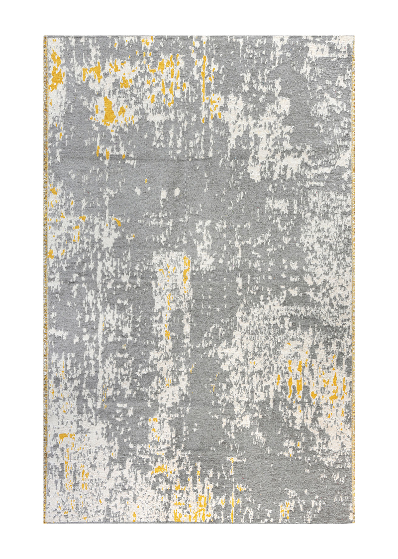 Yellow, gray, vintage and abstract design, machine washable rug