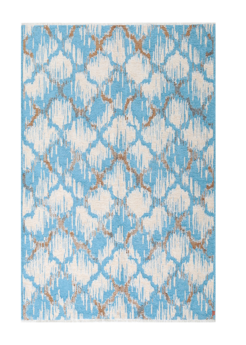 Blue, geometric patterned, machine washable rug
