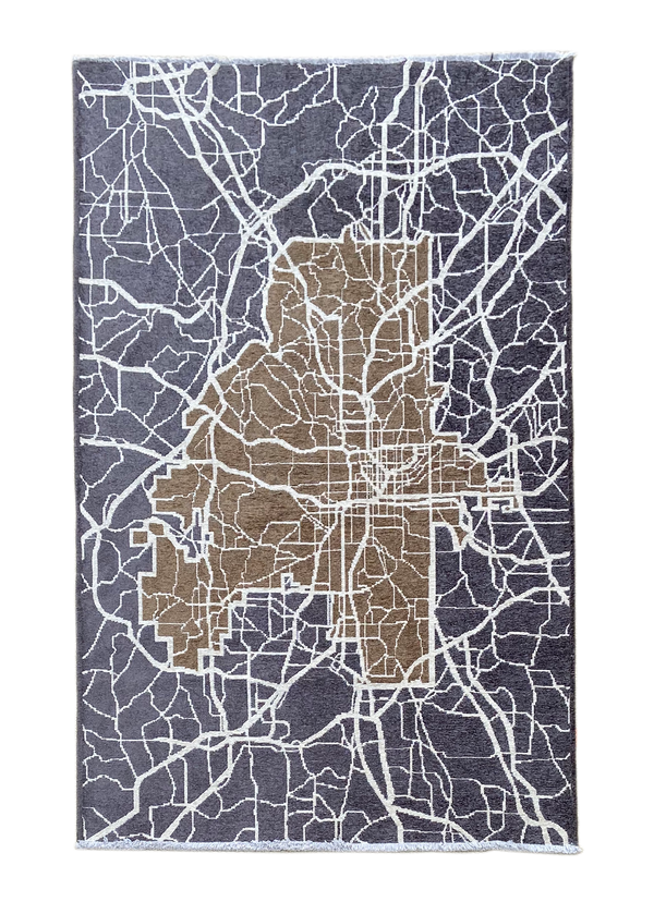 Blue, brown, Atlanta map design, machine washable rug