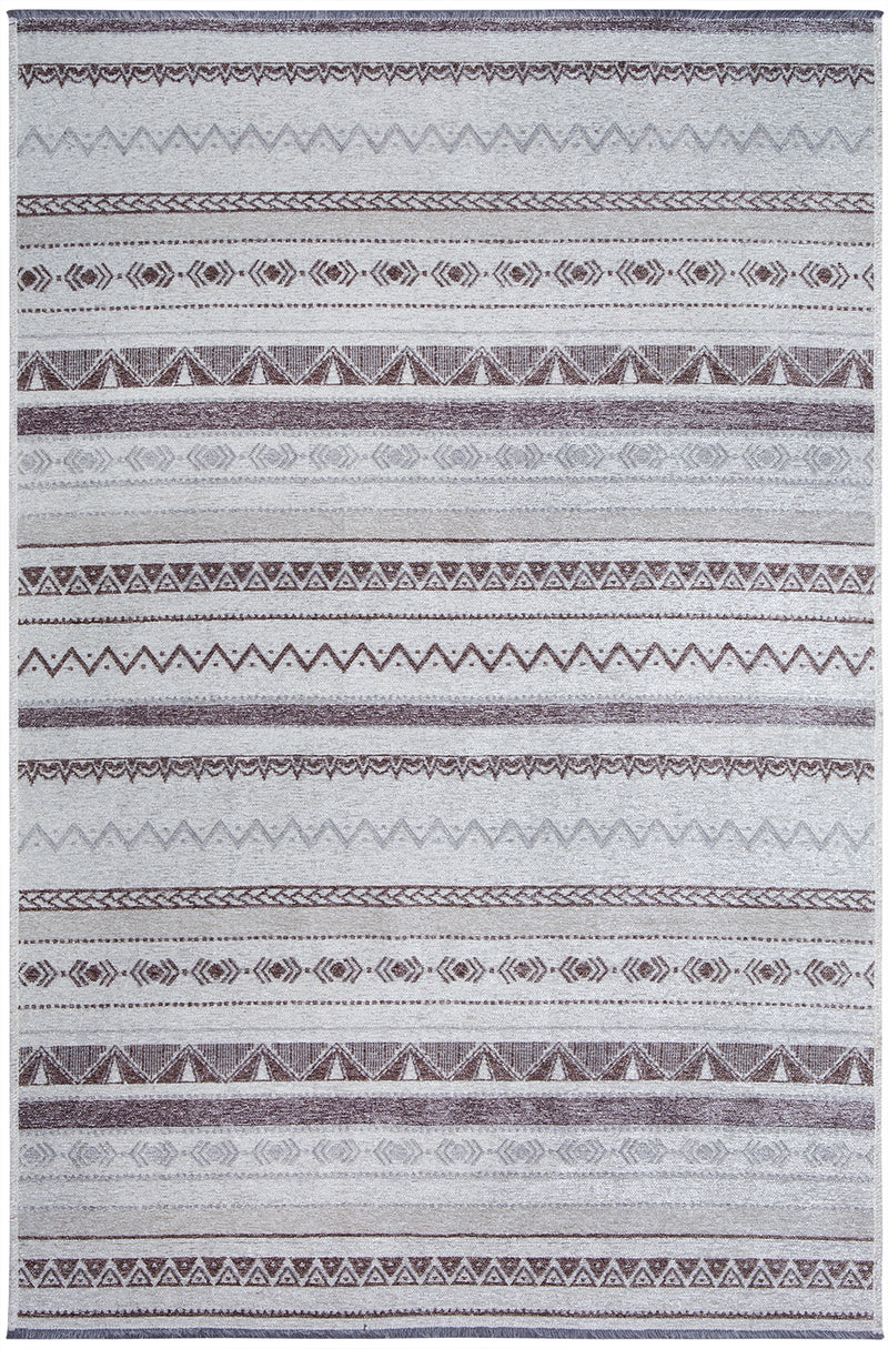 Washable Ethnic Patterned Rug in Grey Color