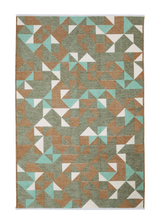 Brown, green, white, geometric patterned, machine washable rug