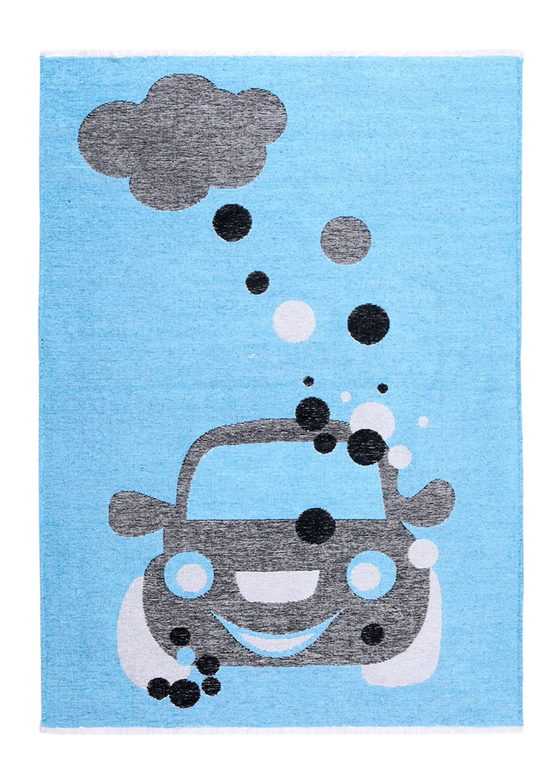 Blue, gray, car patterned, machine washable rug for kids