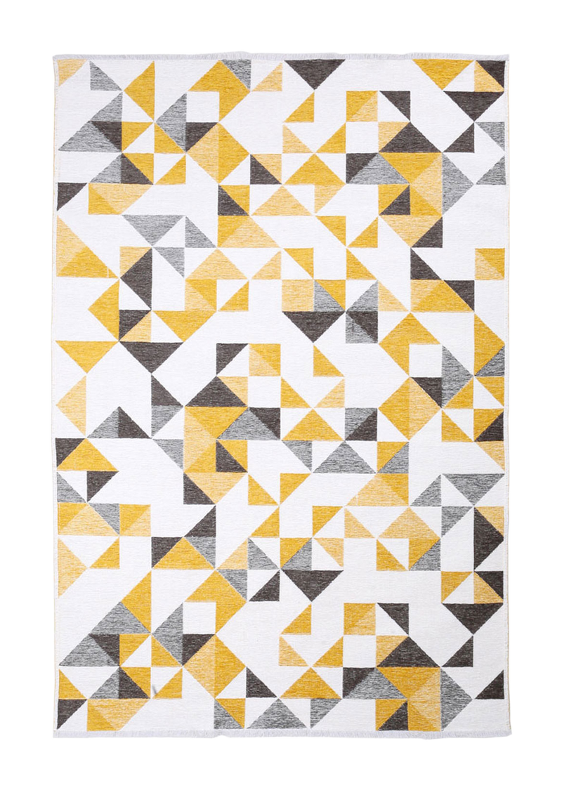 Yellow, gray, white, geometric patterned, machine washable rug