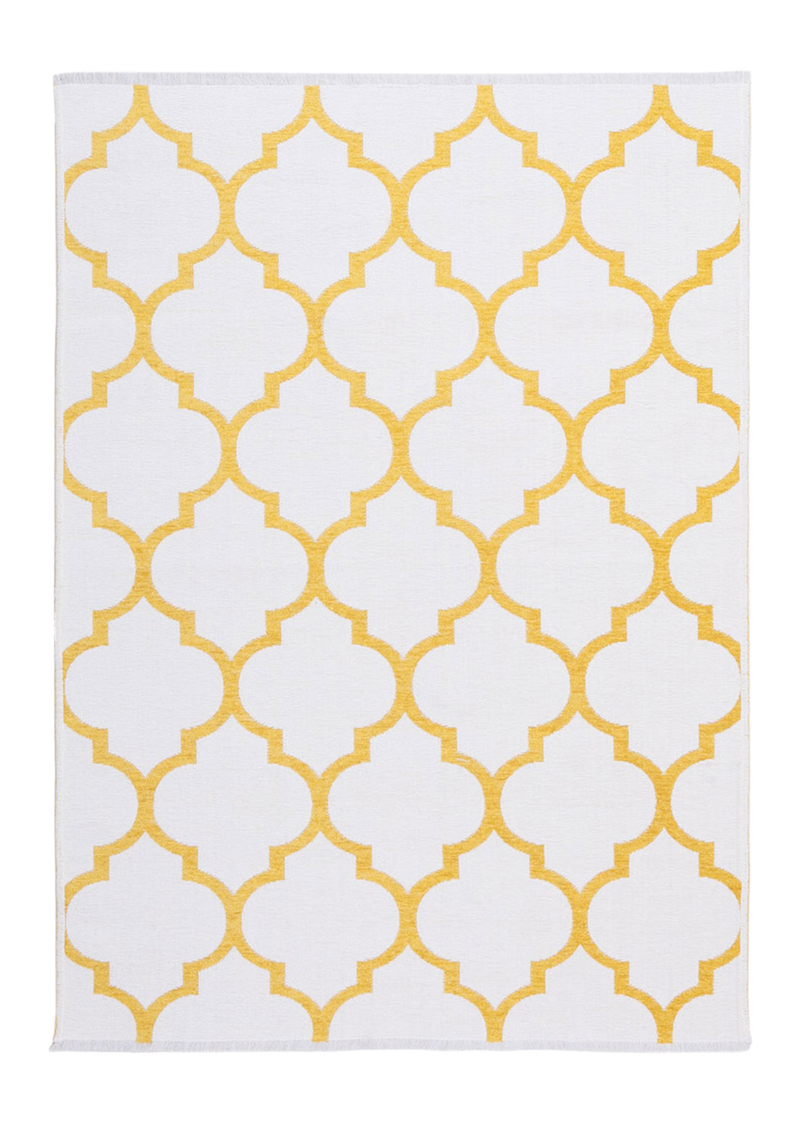 White, yellow, geometric patterned, machine washable rug