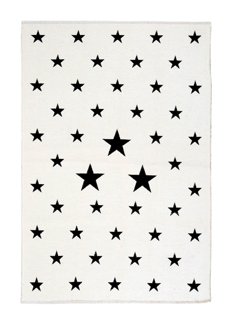 White, black, star patterned, machine washable rug for kids