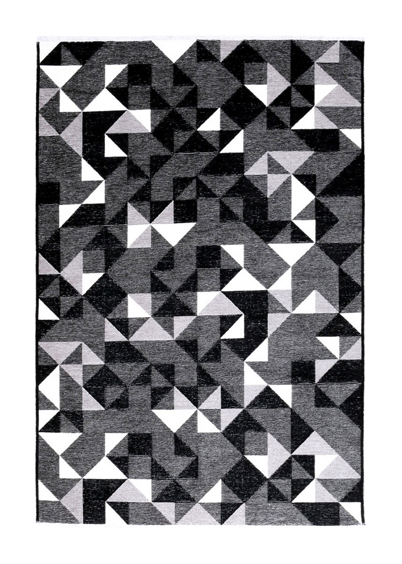 Black, gray, white, geometric patterned, machine washable rug