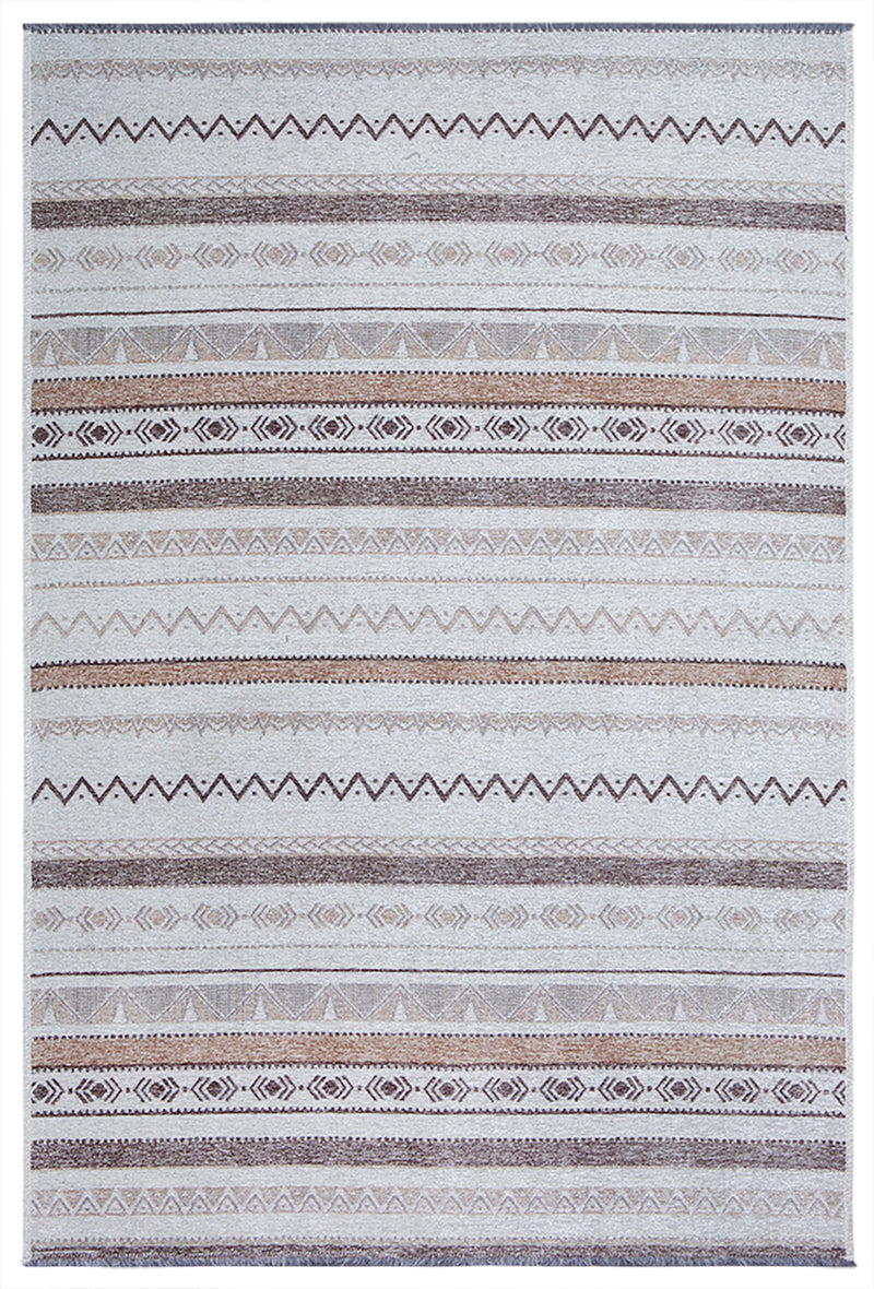 Washable Ethnic Patterned Rug in Beige and Grey Color