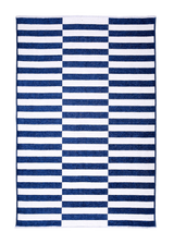 Navy blue, white, striped, machine washable rug