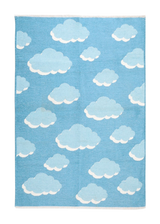 Blue, cloud patterned, machine washable rug for kids 