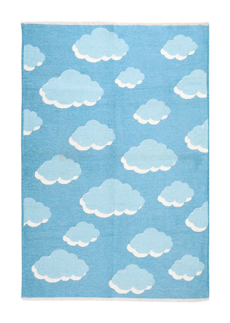 Blue, cloud patterned, machine washable rug for kids 