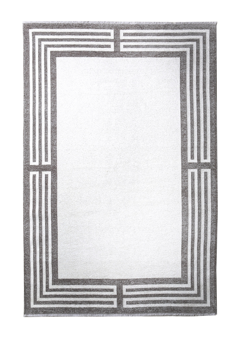 White, gray, classic, Art Deco style, bordered, machine washable rug