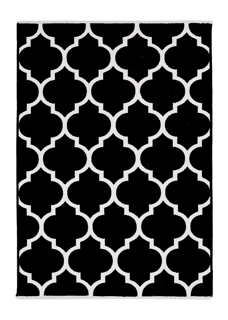 Black, white, geometric patterned, machine washable rug