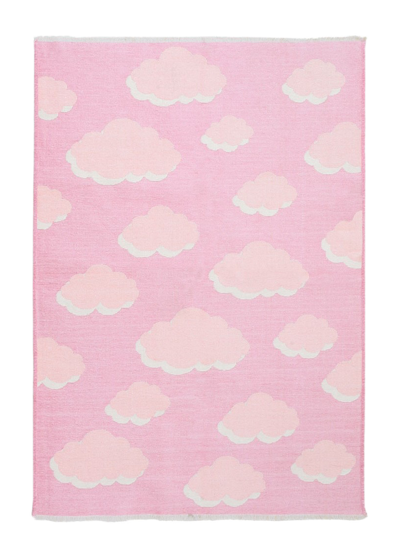Pink, cloud patterned, machine washable rug for kids 