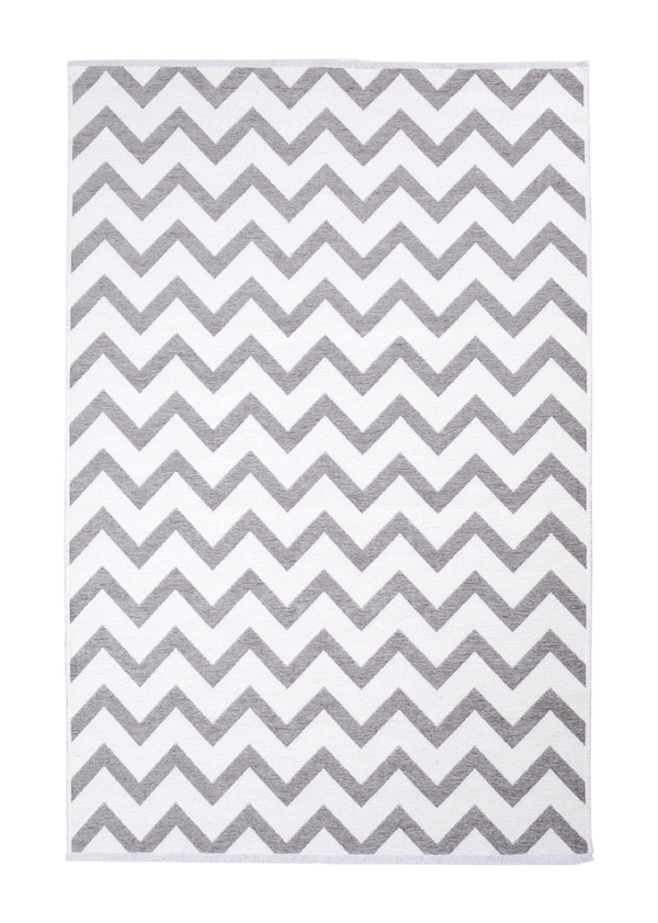 Gray and white, geometric patterned, machine washable rug