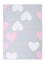 Pink, gray, heart patterned, machine washable rug for kids
